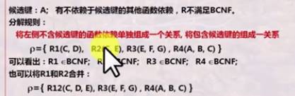 可 以 出 , RI 「 F :  也 可 以 和 R2 合  F; R3 EBCNF; R4 CBCNF;  p=(R12(C.D,E).R3(E,F.G).R4(A.B.C)) 